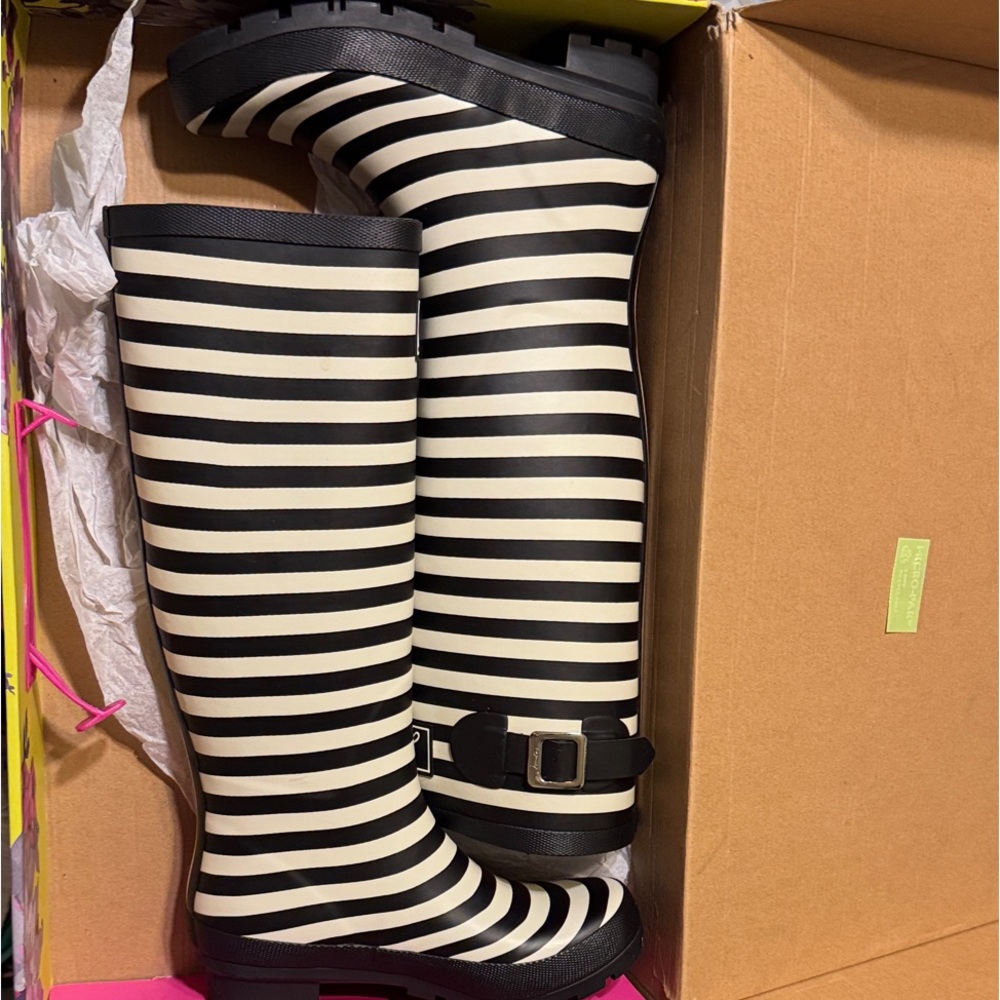 Joules Black and White Striped Rain Boots